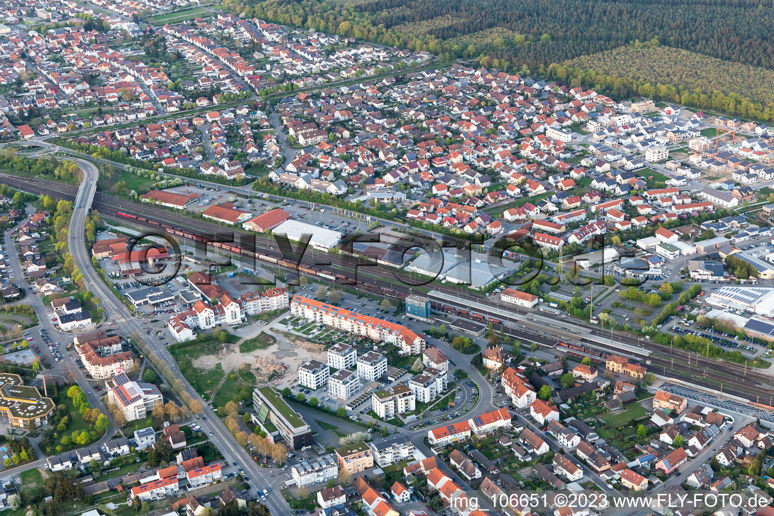 Aerial view of Bahnhofsring in the district Graben in Graben-Neudorf in the state Baden-Wuerttemberg, Germany