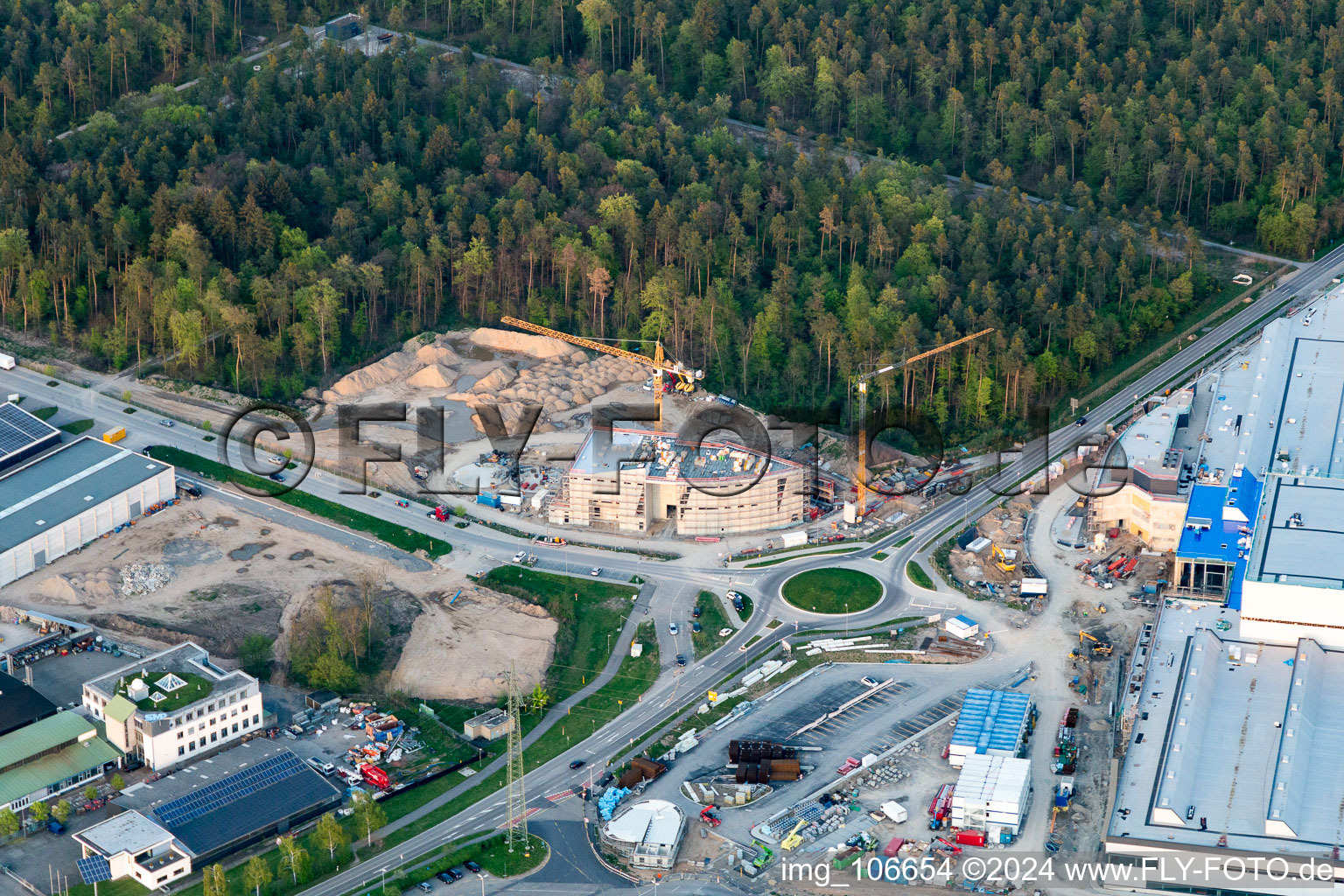 Drone recording of Extension - new building - construction site on the factory premises of SEW-EURODRIVE GmbH & Co KG in Graben-Neudorf in the state Baden-Wurttemberg, Germany