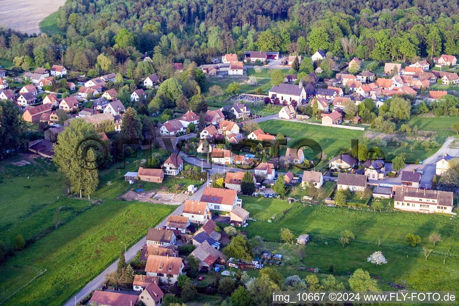 Aerial view of Town View of the streets and houses of the residential areas in Biblisheim in Grand Est, France