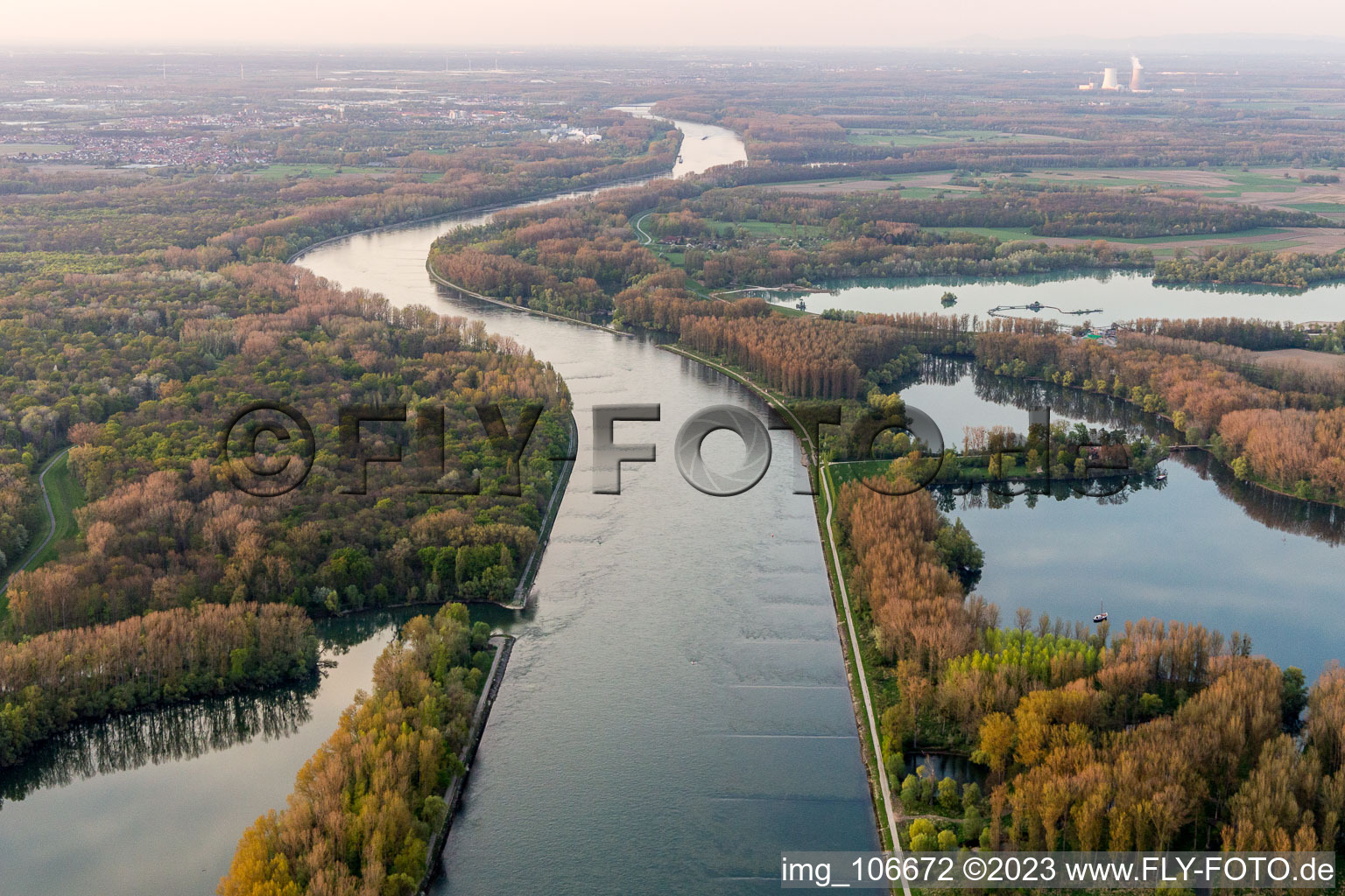 Aerial view of Rhine in Leimersheim in the state Rhineland-Palatinate, Germany