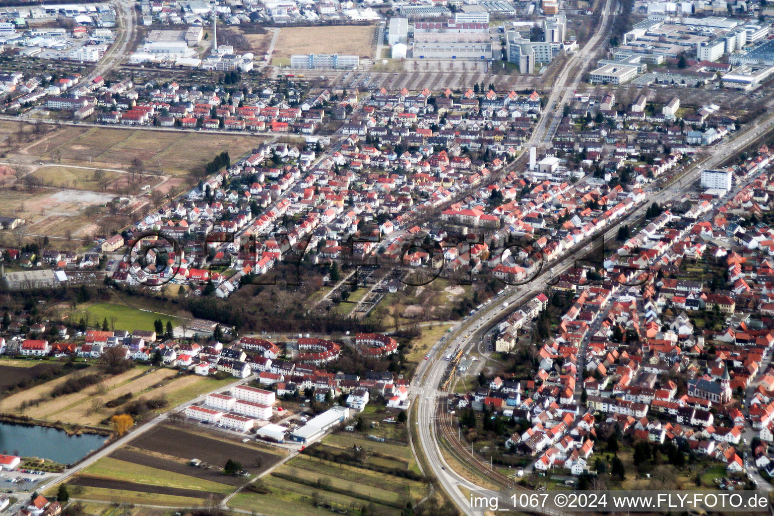 Aerial view of From the west in the district Knielingen in Karlsruhe in the state Baden-Wuerttemberg, Germany