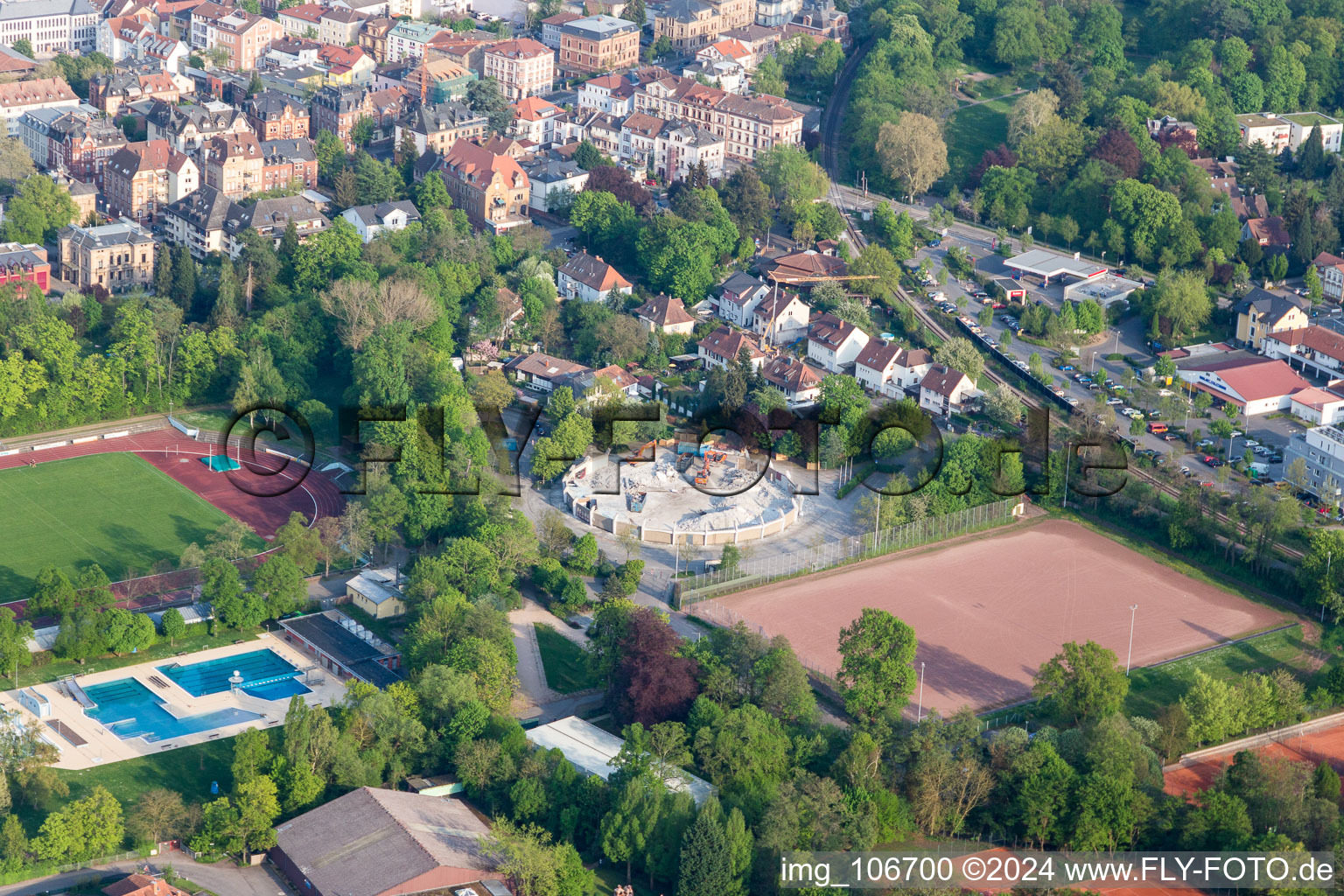 Aerial view of Demolition of the circular sports hall in Landau in der Pfalz in the state Rhineland-Palatinate, Germany