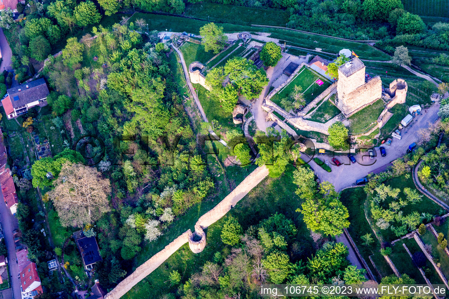 Wachtenburg (ruin “Wachenheim Castle”) in Wachenheim an der Weinstraße in the state Rhineland-Palatinate, Germany from above
