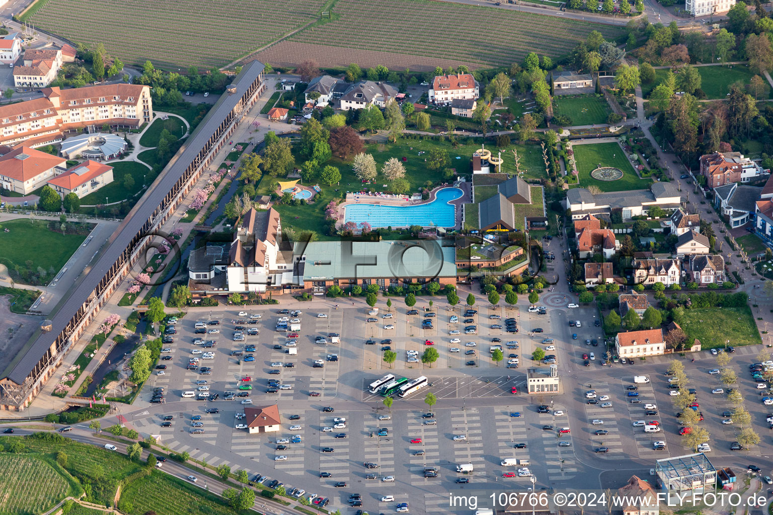 Aerial view of Salinarium leisure pool at Wurstmarkt in Bad Dürkheim in the state Rhineland-Palatinate, Germany