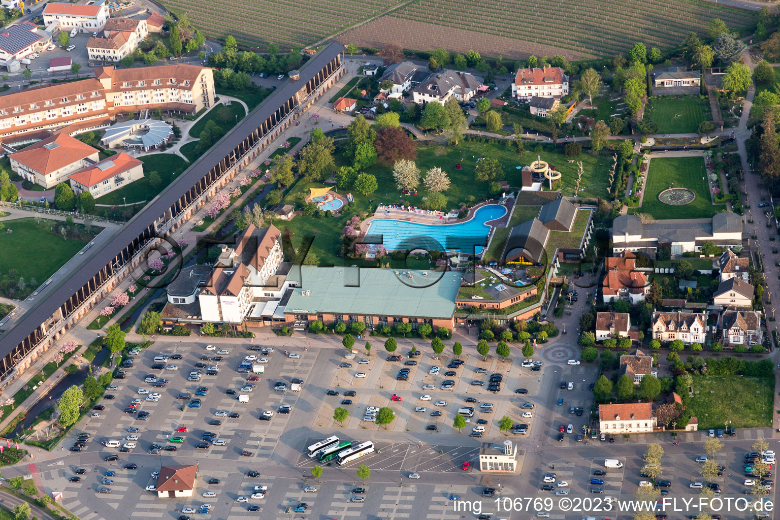 Aerial photograpy of Salinarium leisure pool at Wurstmarkt in Bad Dürkheim in the state Rhineland-Palatinate, Germany