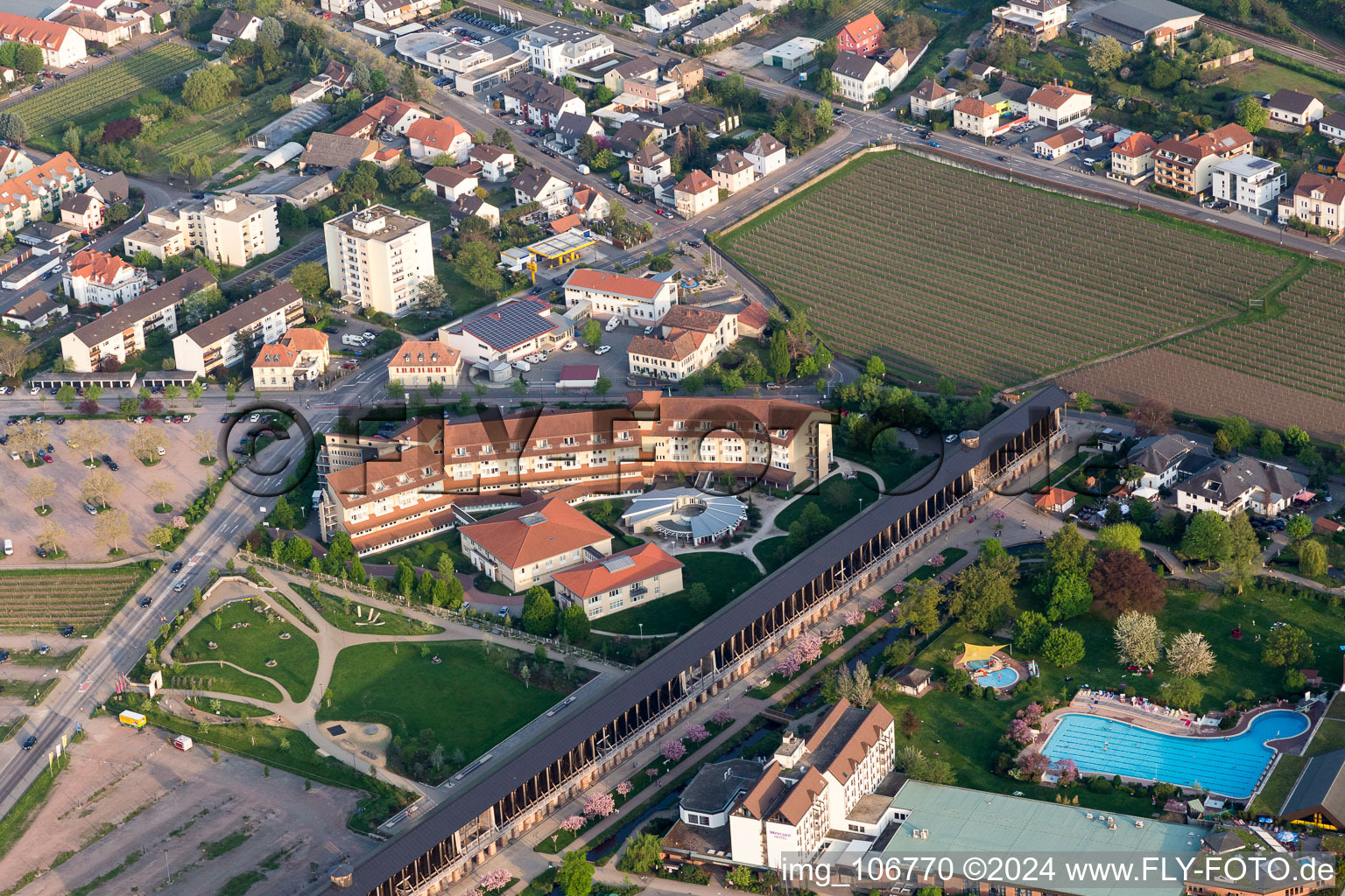 Building of the Spa and Event house of MEDIAN Park-Klinik on Gradierbau in Bad Duerkheim in the state Rhineland-Palatinate, Germany