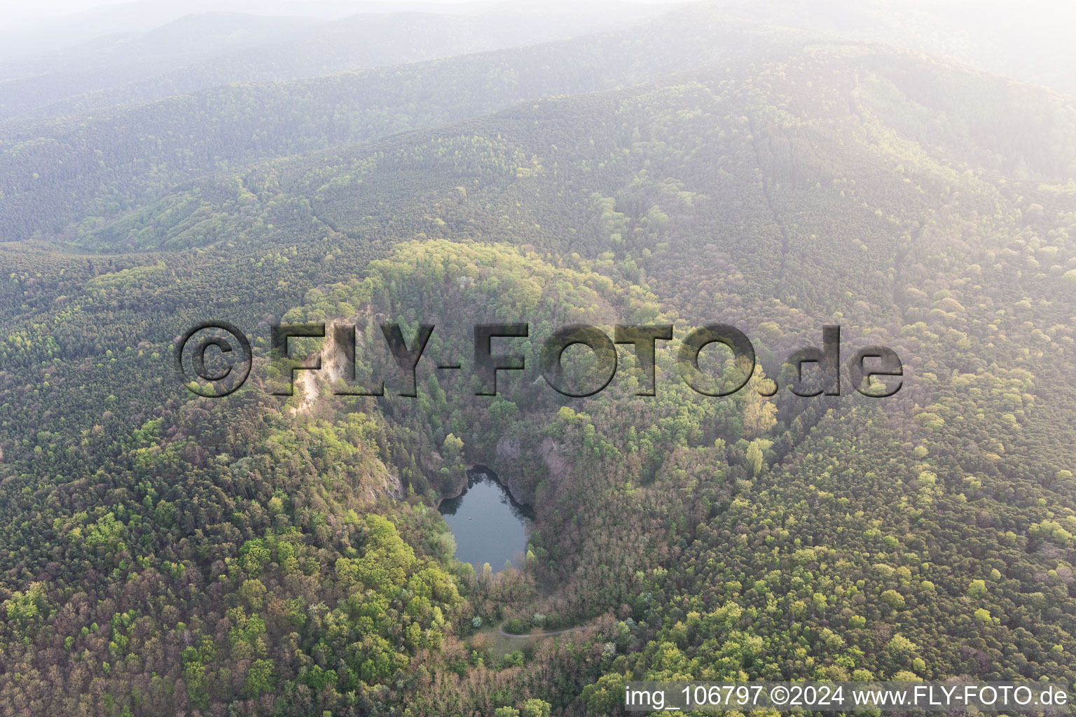 Aerial view of Basalt lake Aalter quarry in Wachenheim an der Weinstraße in the state Rhineland-Palatinate, Germany