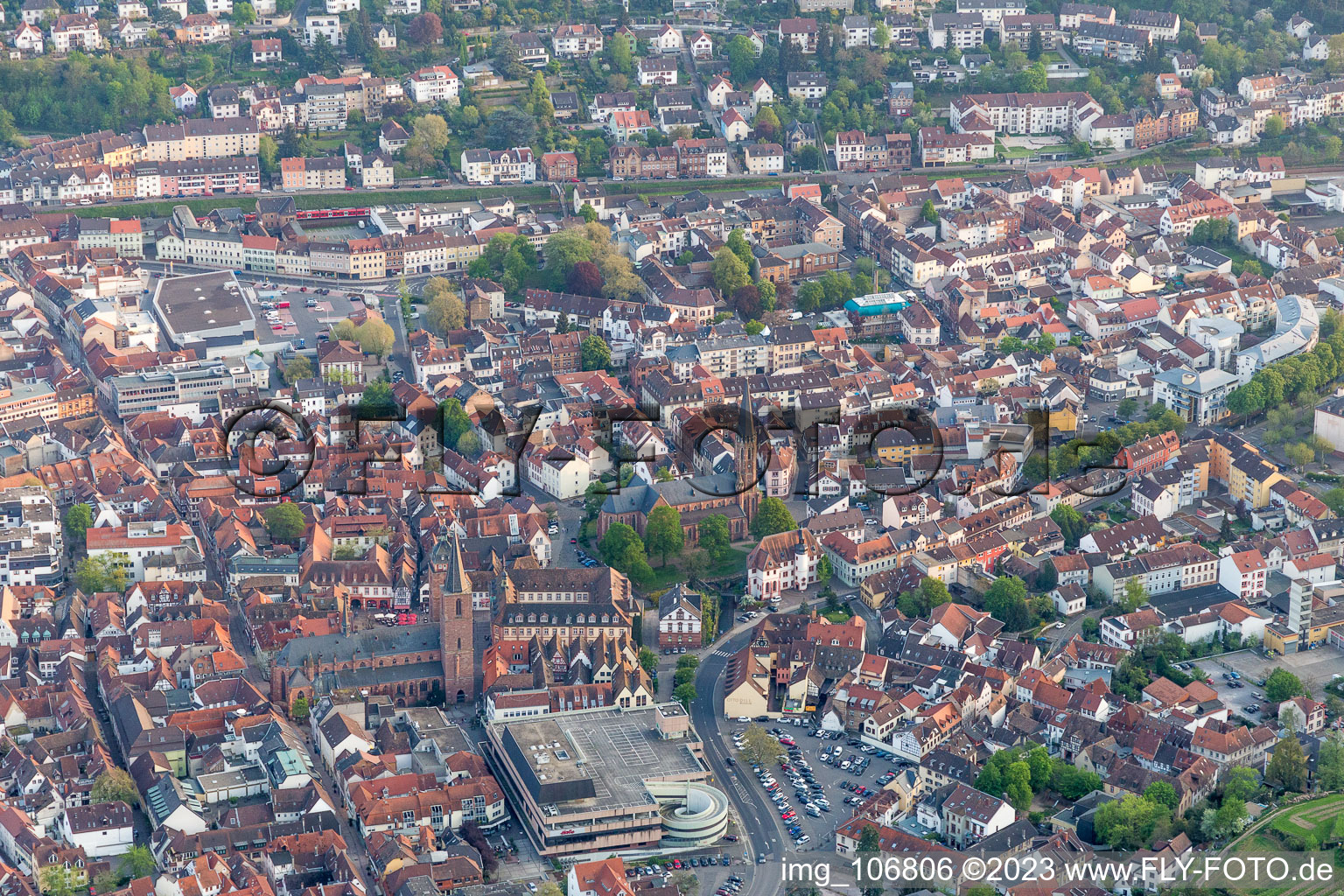 Aerial view of Collegiate church UL Frau and St. Giles in Neustadt an der Weinstraße in the state Rhineland-Palatinate, Germany