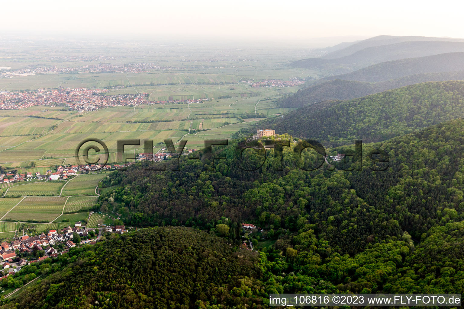 Aerial view of Hambach, Hambach Castle in the district Diedesfeld in Neustadt an der Weinstraße in the state Rhineland-Palatinate, Germany