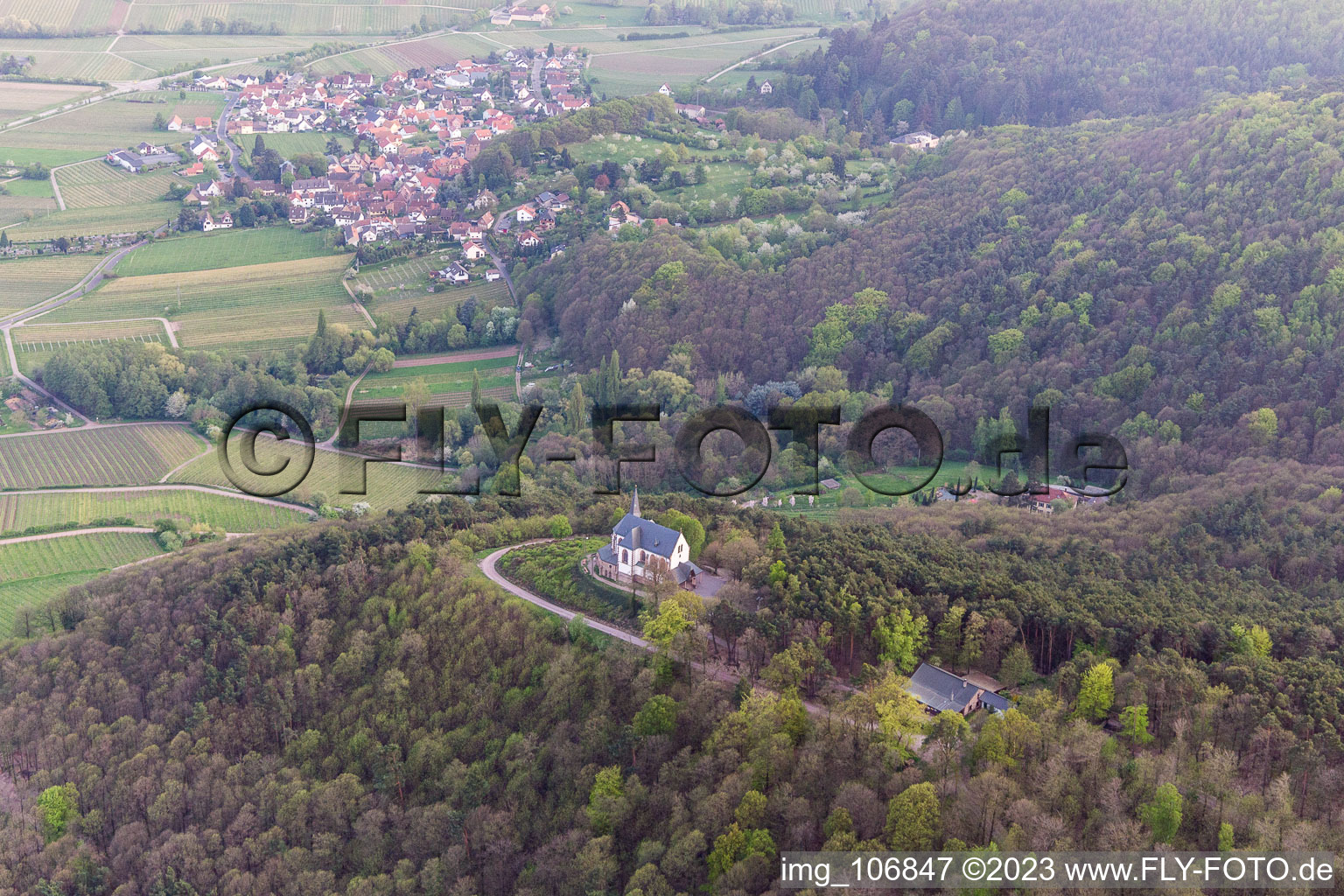 Aerial view of St. Anna Chapel in Burrweiler in the state Rhineland-Palatinate, Germany