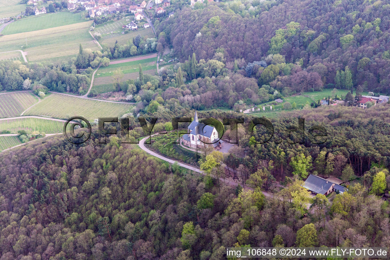 Aerial photograpy of St. Anna Chapel in Burrweiler in the state Rhineland-Palatinate, Germany