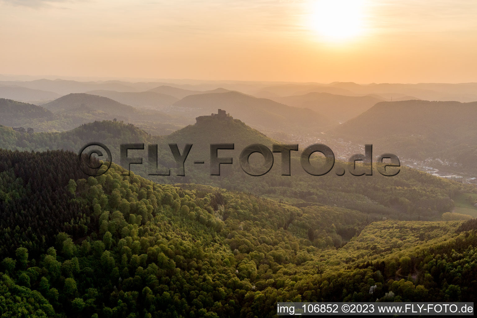 Trifels Castle in Annweiler am Trifels in the state Rhineland-Palatinate, Germany from the drone perspective