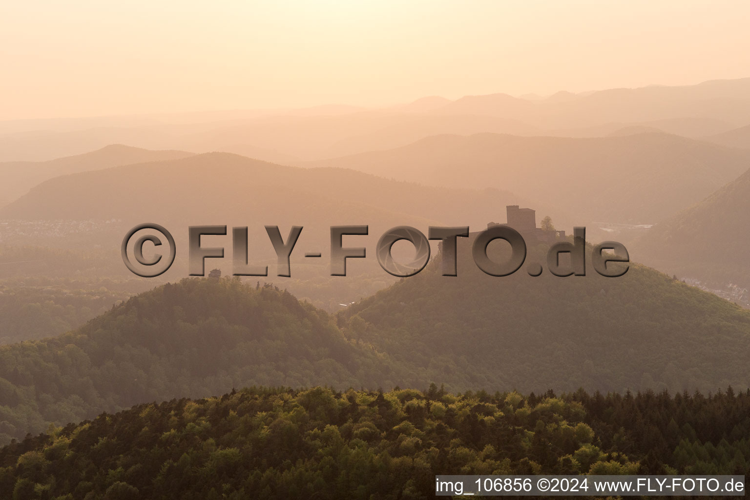 Trifels Castle in Annweiler am Trifels in the state Rhineland-Palatinate, Germany seen from a drone