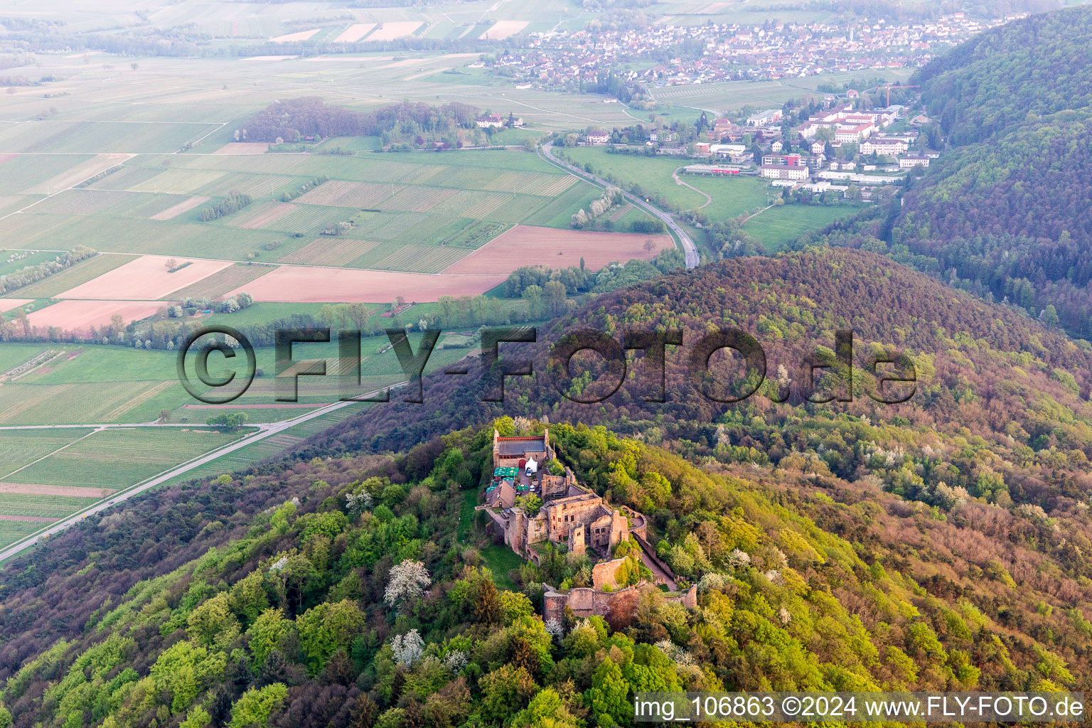 Drone recording of Madenburg in Eschbach in the state Rhineland-Palatinate, Germany