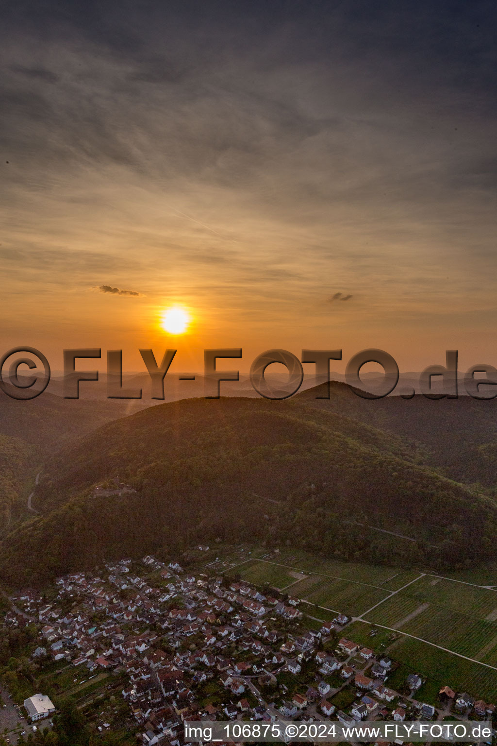Sunset over the countryside of Pfaelzerwalds in Klingenmuenster in the state Rhineland-Palatinate, Germany