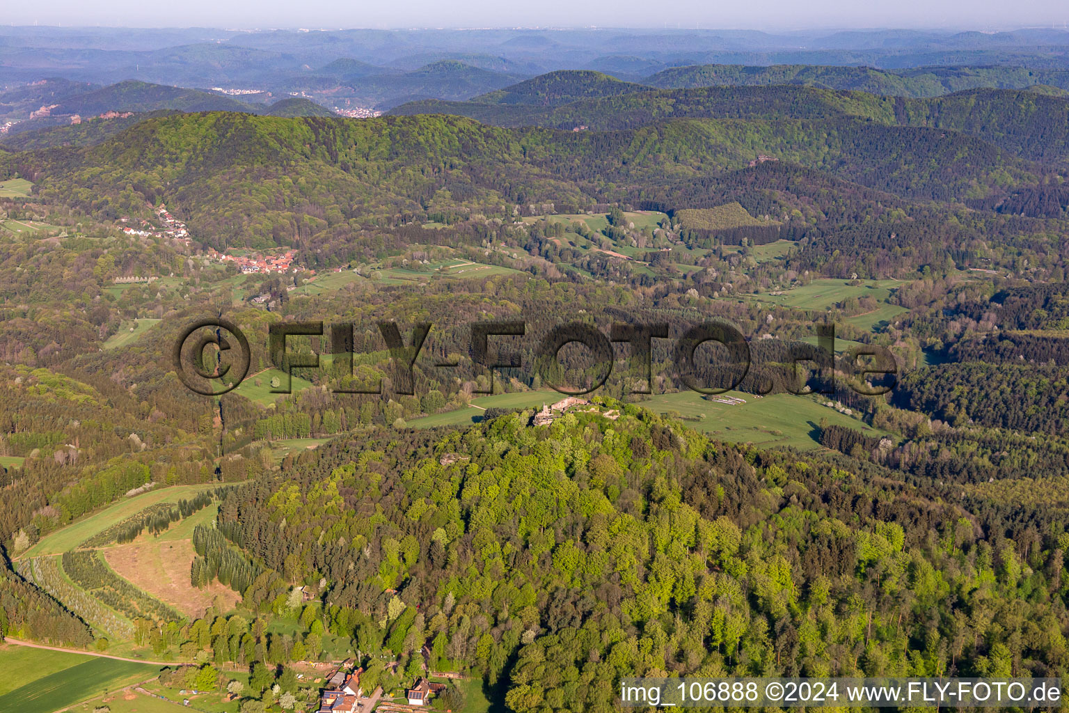 Aerial view of Lindelbrunn castle ruins above the Cramerhaus in Vorderweidenthal in the state Rhineland-Palatinate, Germany