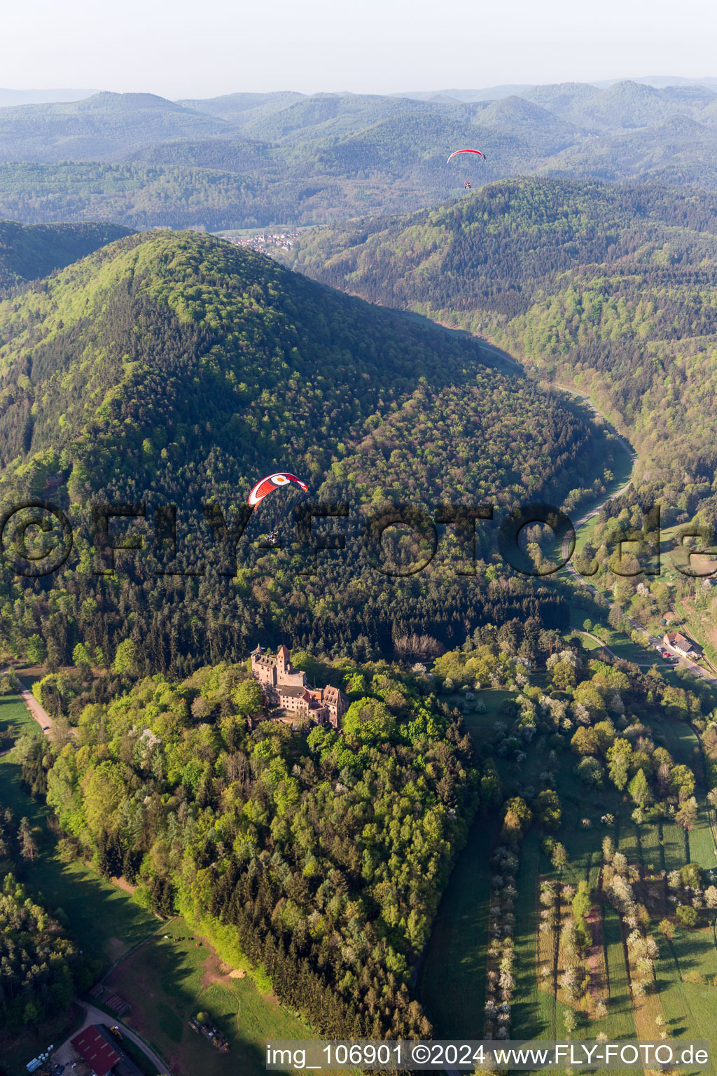 Aerial view of Bewartstein Castle in Erlenbach bei Dahn in the state Rhineland-Palatinate, Germany