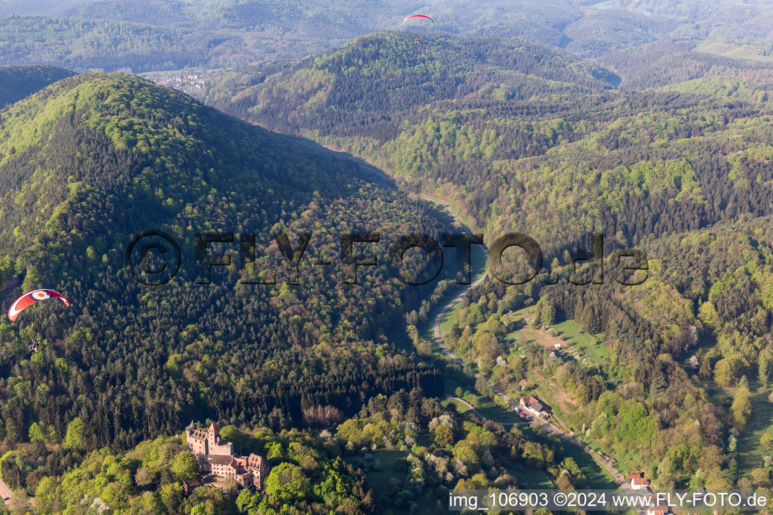 Aerial photograpy of Bewartstein Castle in Erlenbach bei Dahn in the state Rhineland-Palatinate, Germany