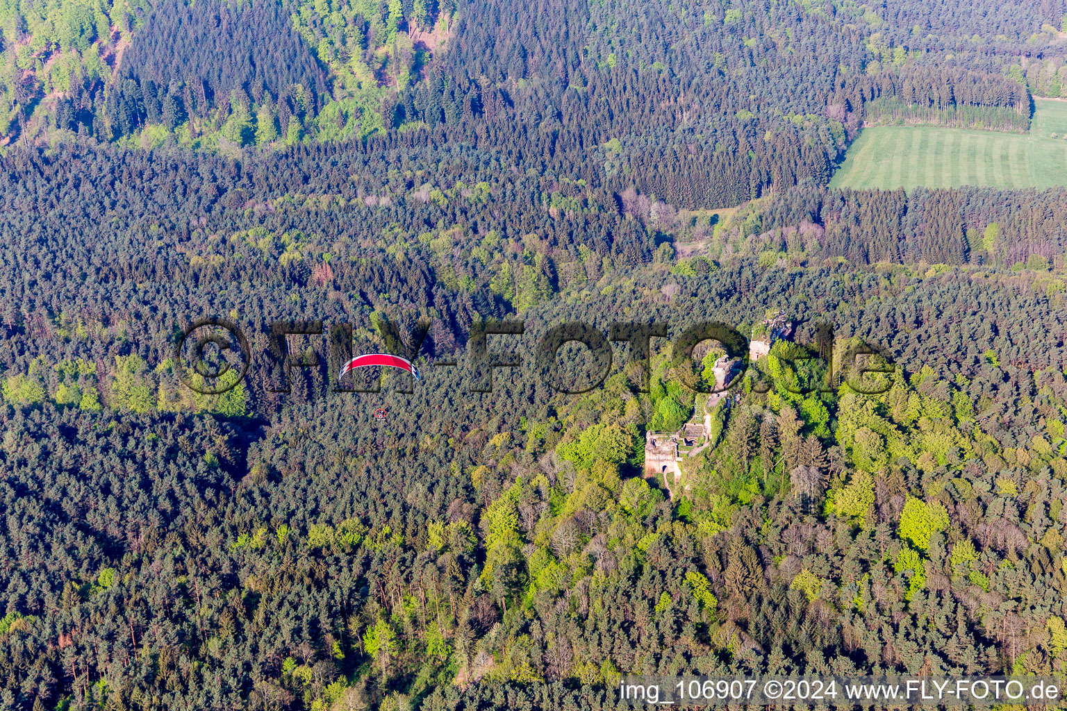 Drachenfels Castle Ruins in Busenberg in the state Rhineland-Palatinate, Germany from the drone perspective