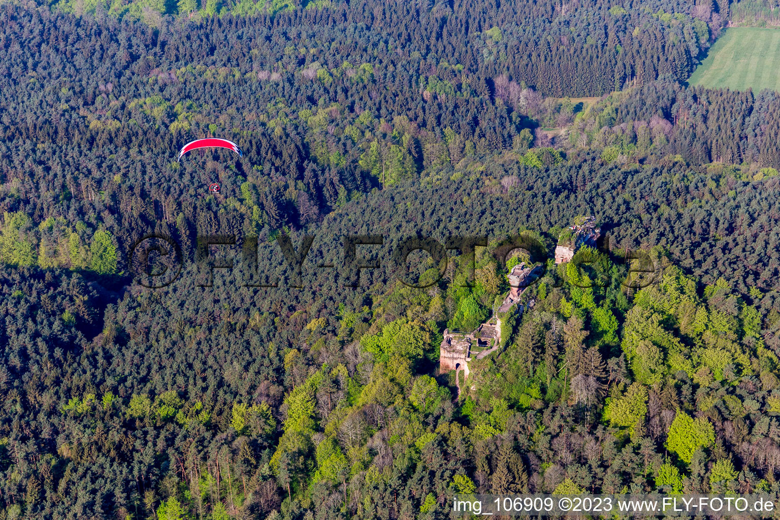 Aerial view of Drachenfels Castle in Busenberg in the state Rhineland-Palatinate, Germany