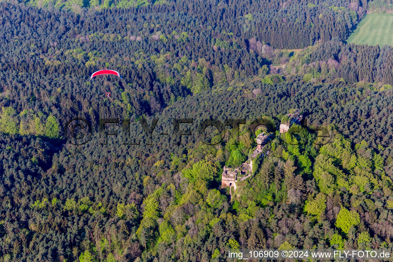 Drachenfels Castle Ruins in Busenberg in the state Rhineland-Palatinate, Germany from a drone