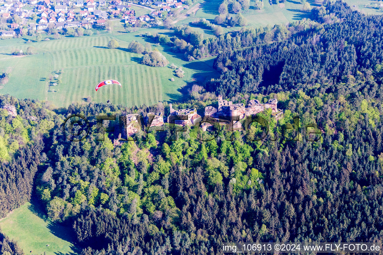 Aerial photograpy of Altdahn ruins in Dahn in the state Rhineland-Palatinate, Germany