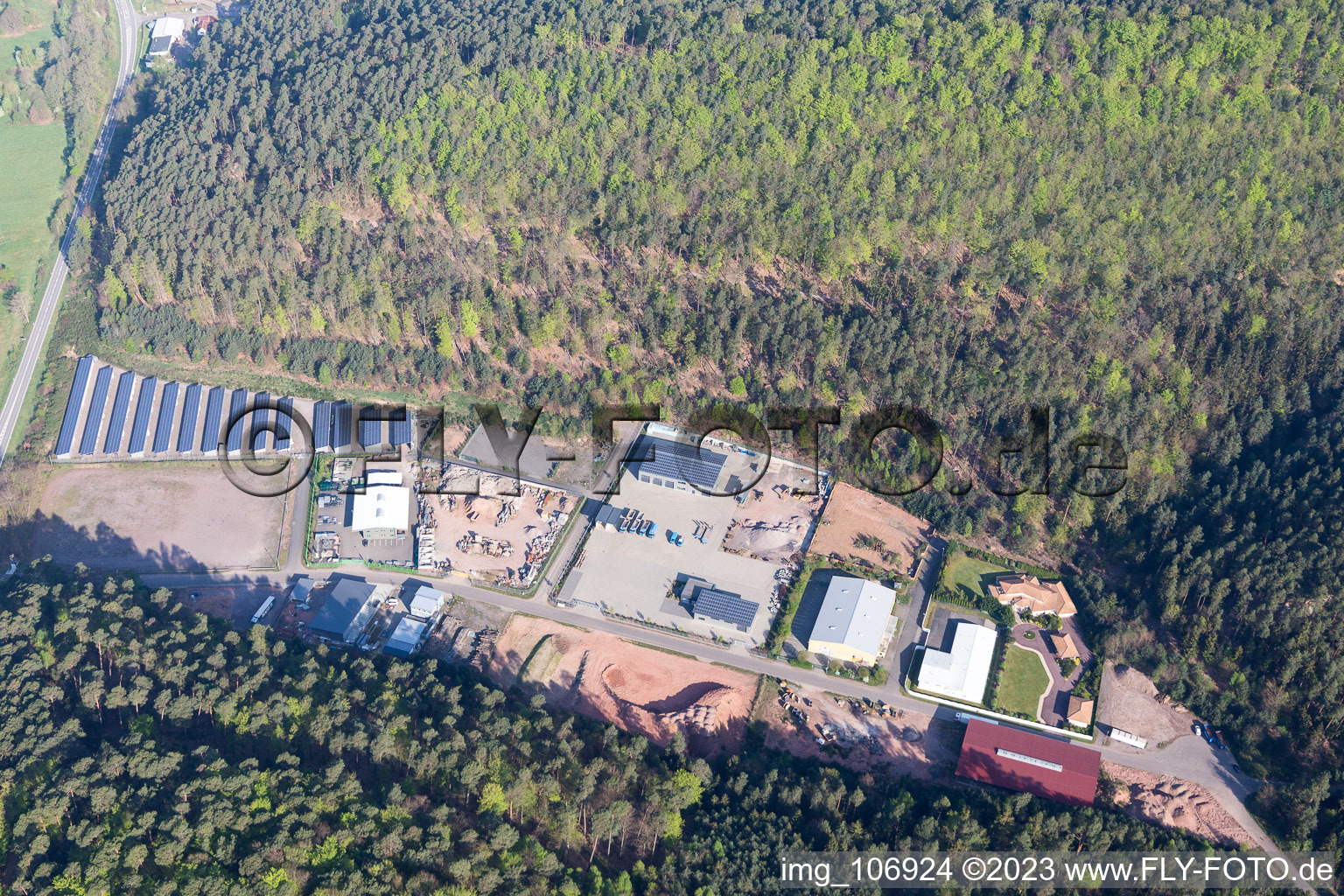 Aerial view of Neudahn 1 business park in Dahn in the state Rhineland-Palatinate, Germany