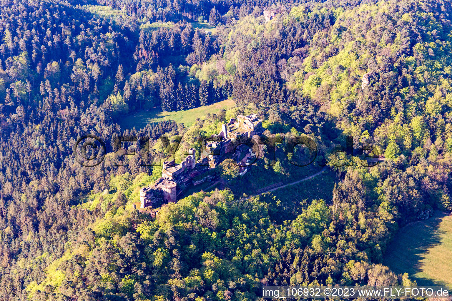 Aerial view of Altdahn castle ruins in Dahn in the state Rhineland-Palatinate, Germany