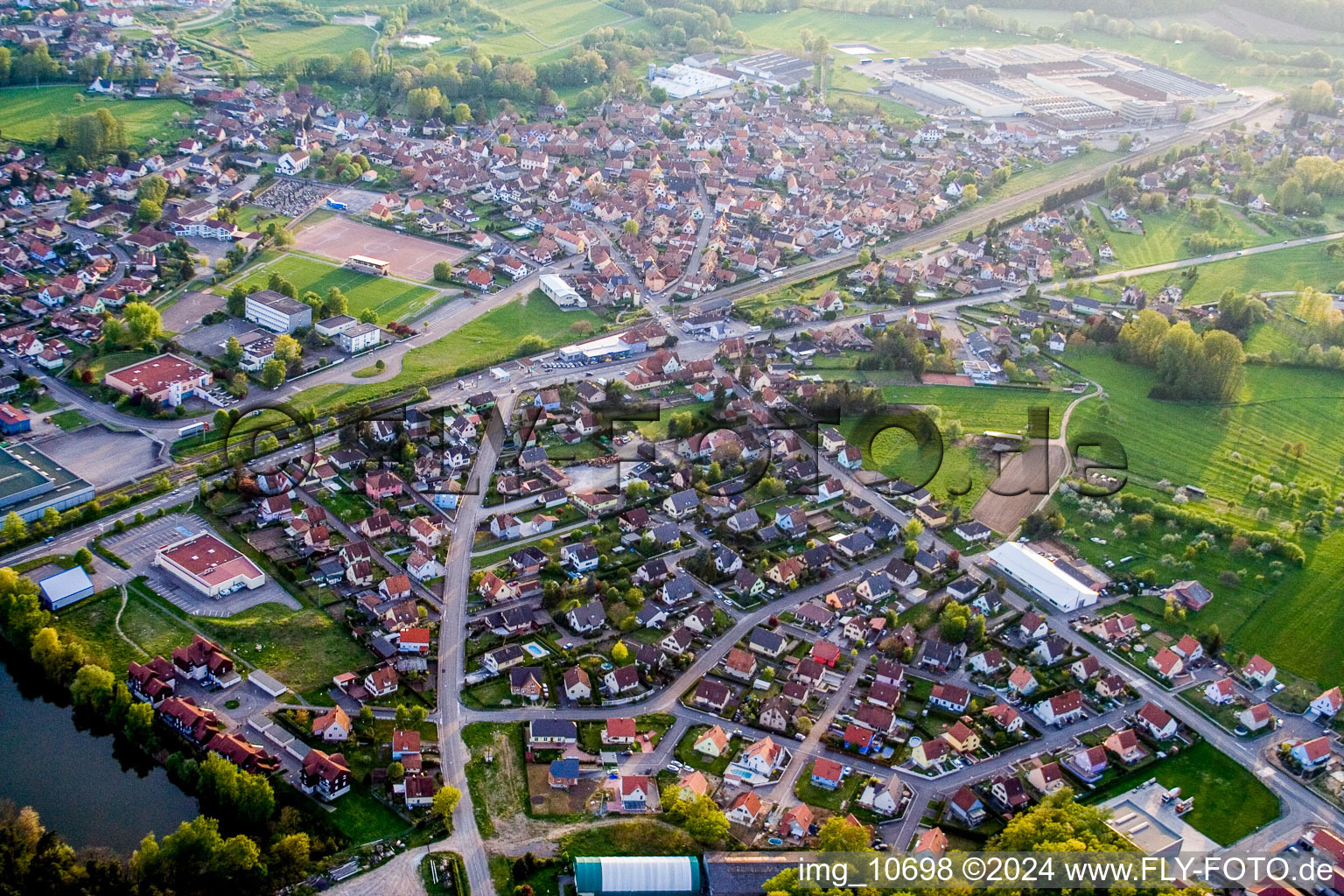 Aerial view of Town View of the streets and houses of the residential areas in Mertzwiller in Grand Est, France