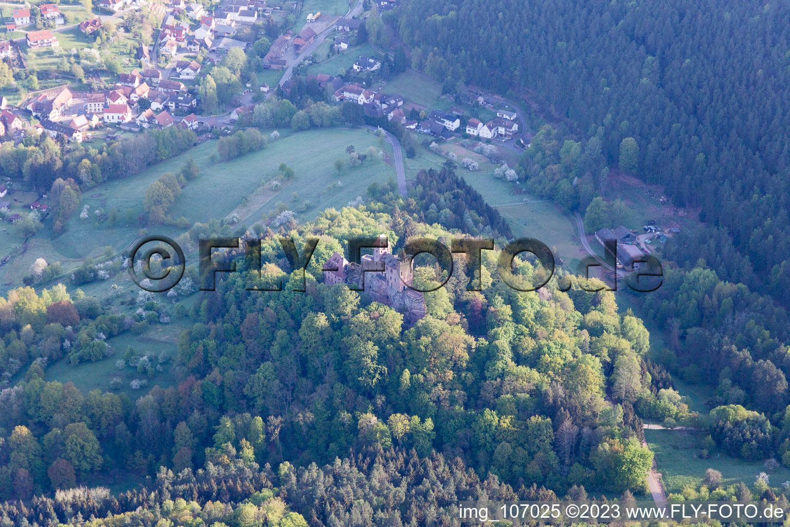 Oblique view of Bewartstein Castle in Erlenbach bei Dahn in the state Rhineland-Palatinate, Germany