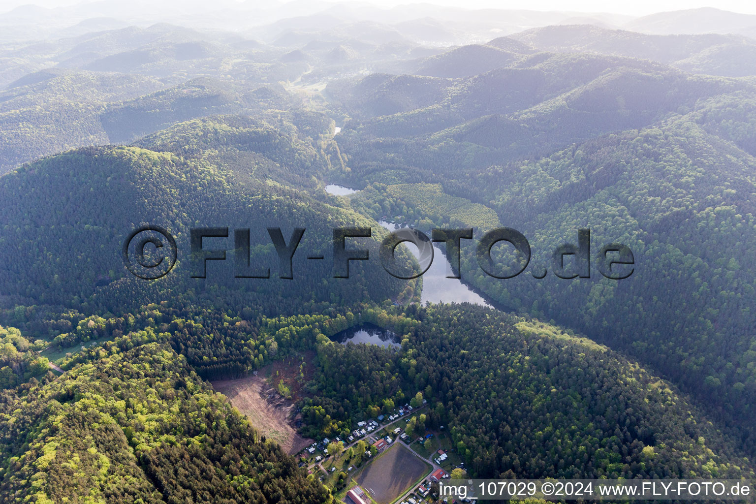 Aerial photograpy of Seehof Pond in Erlenbach bei Dahn in the state Rhineland-Palatinate, Germany