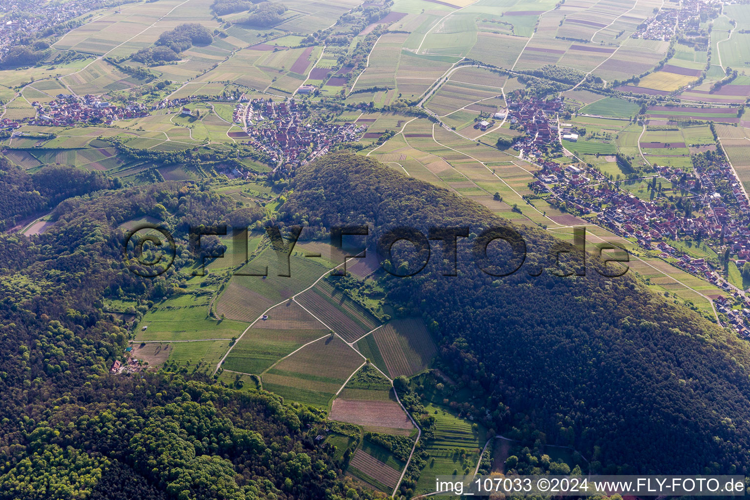 Aerial view of Haardtrand Wolfsteig in Pleisweiler-Oberhofen in the state Rhineland-Palatinate, Germany