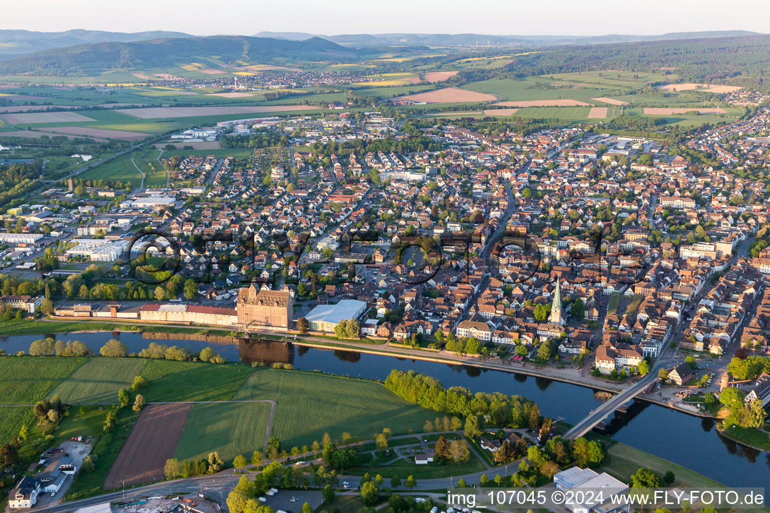 Town on the banks of the river Weser in Holzminden in the state Lower Saxony, Germany