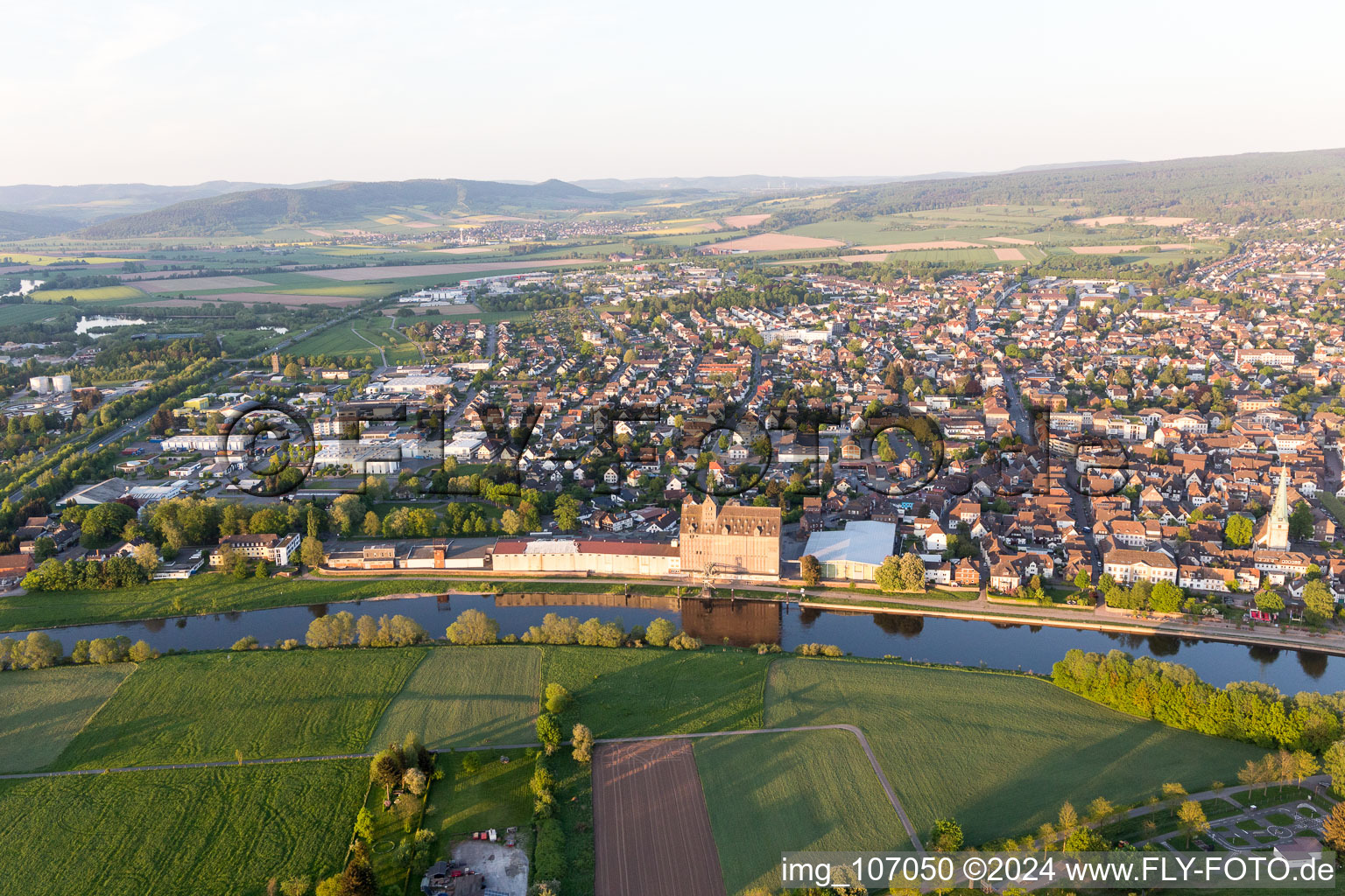 Holzminden in the state Lower Saxony, Germany from above