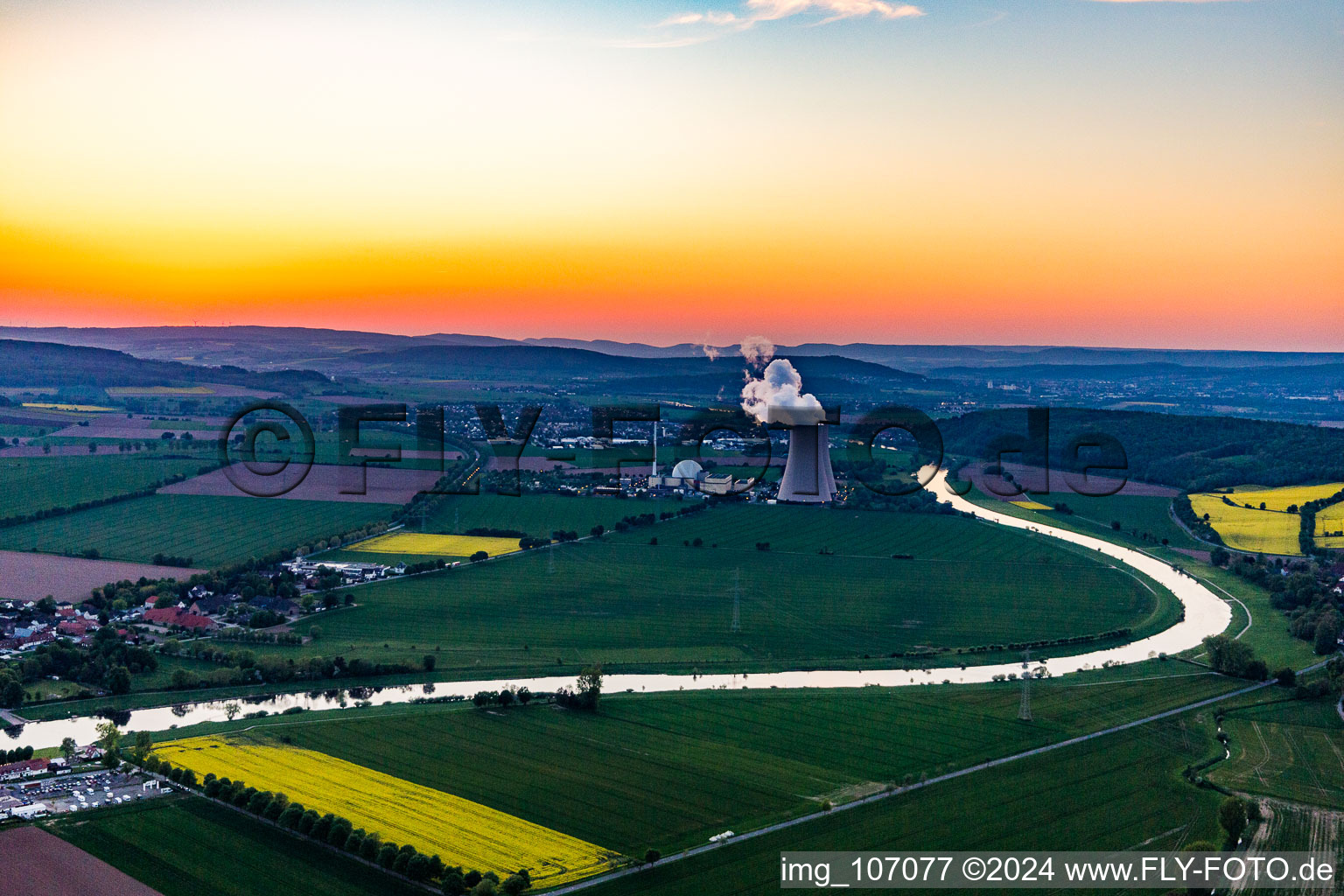 Nuclear power plant Grohnde at sunset in the district Grohnde in Emmerthal in the state Lower Saxony, Germany