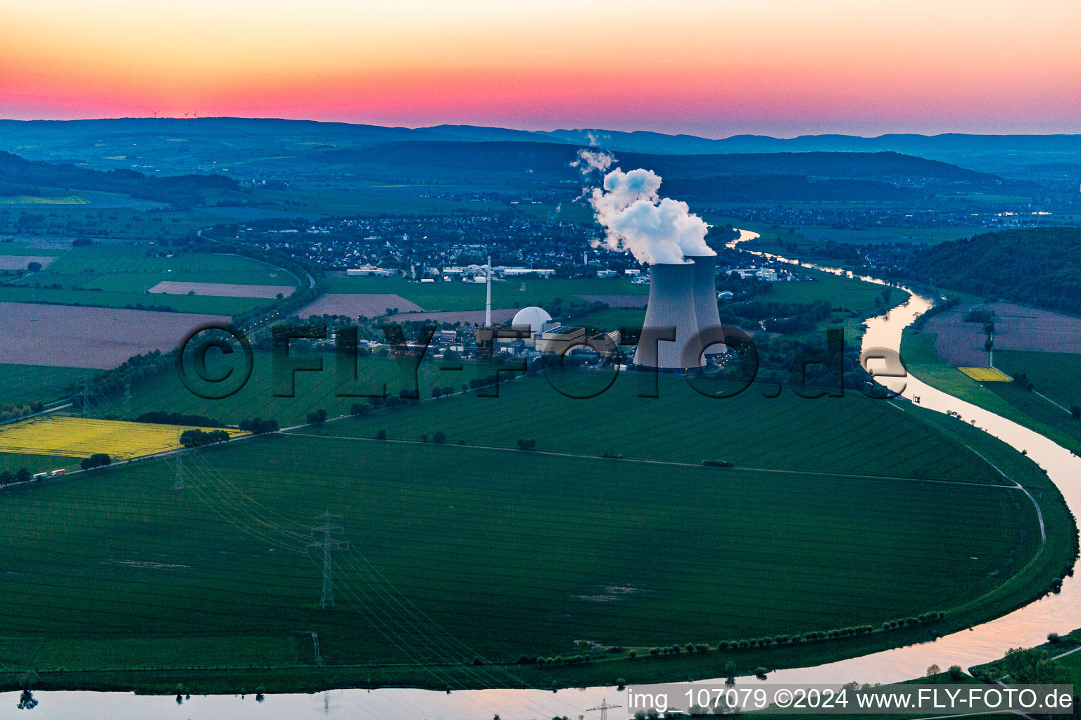 Aerial photograpy of Nuclear power plant Grohnde at sunset in the district Grohnde in Emmerthal in the state Lower Saxony, Germany