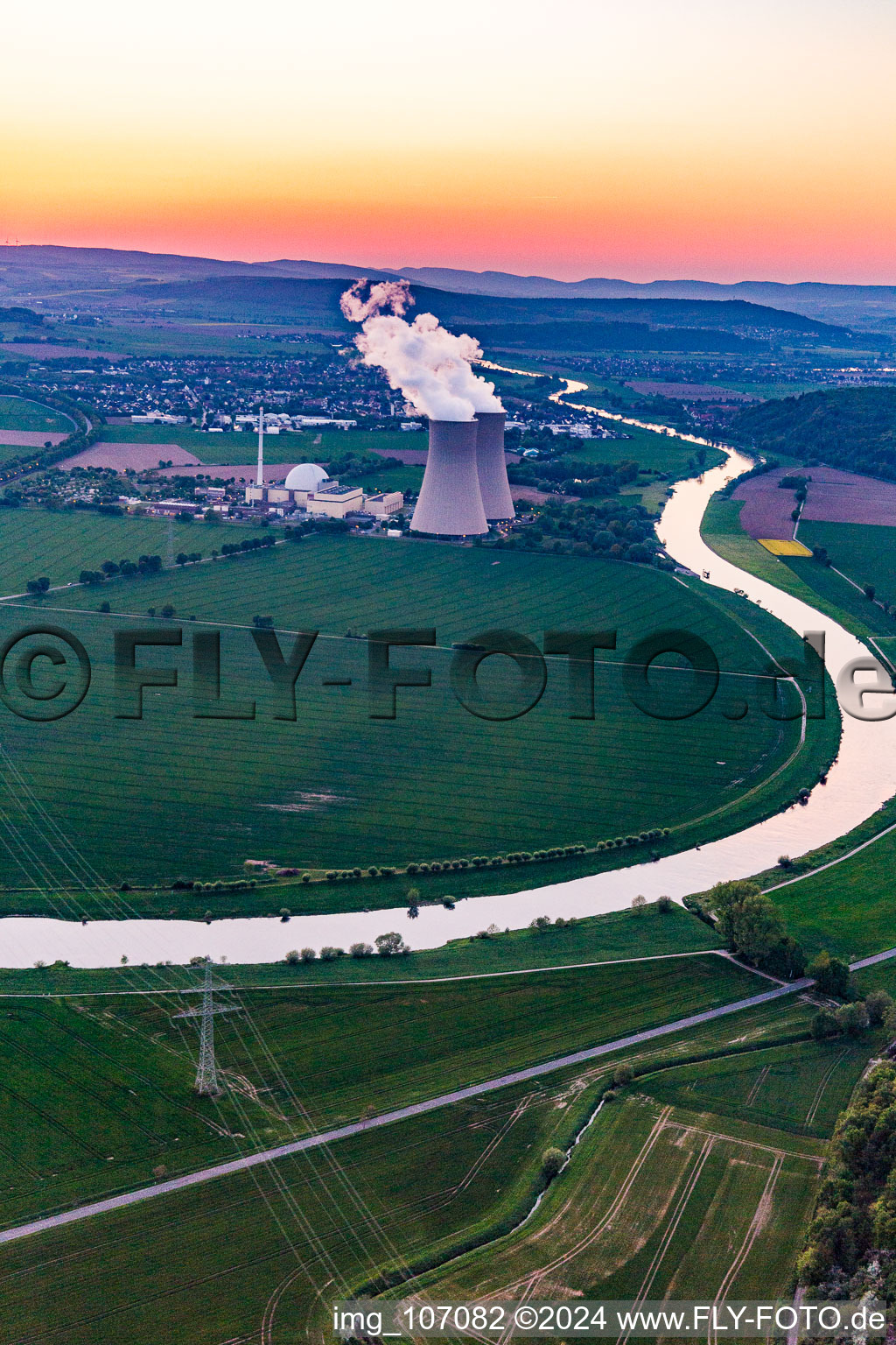 Nuclear power plant Grohnde at sunset in the district Grohnde in Emmerthal in the state Lower Saxony, Germany from above