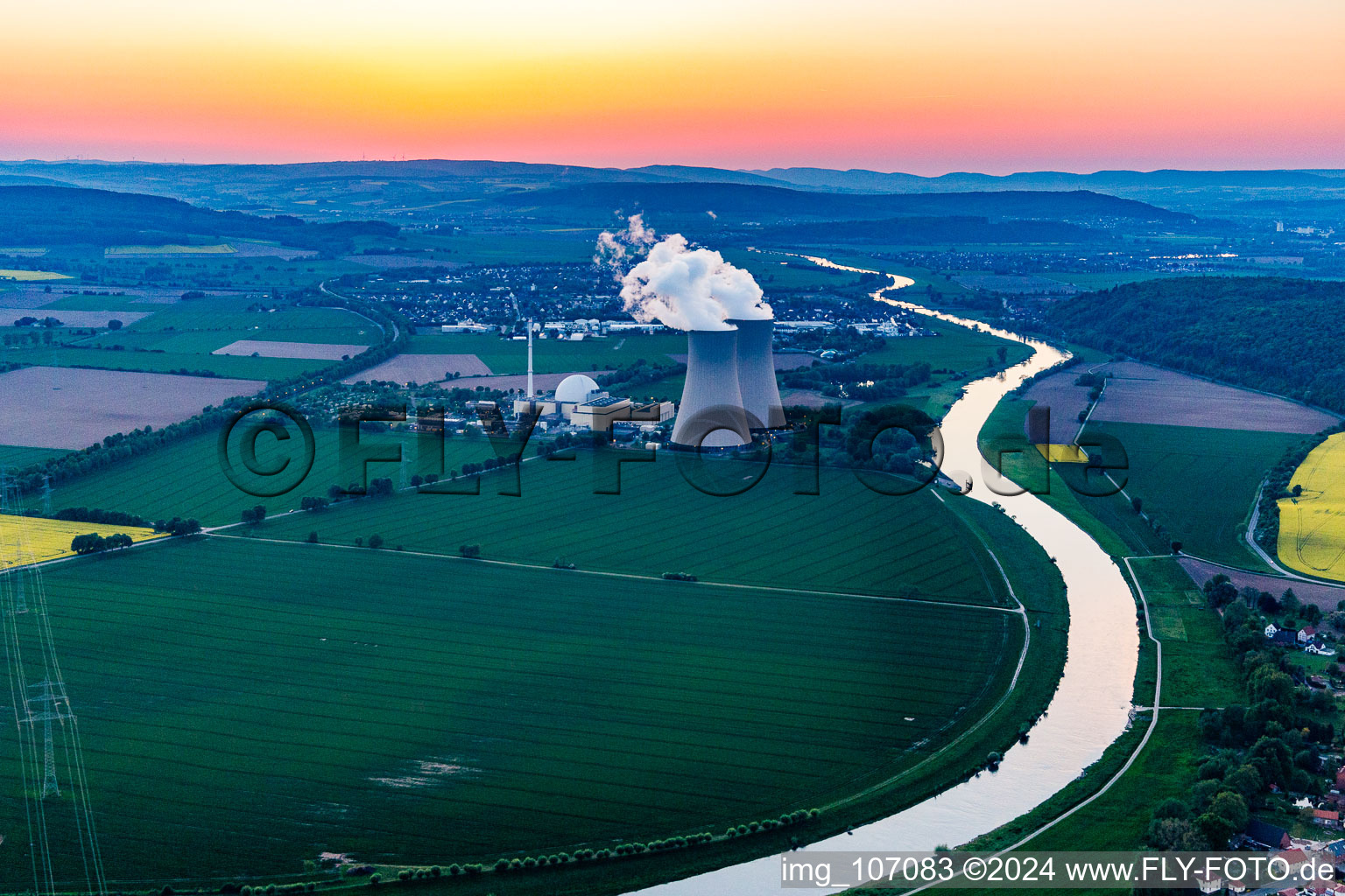 Nuclear power plant Grohnde at sunset in the district Grohnde in Emmerthal in the state Lower Saxony, Germany out of the air