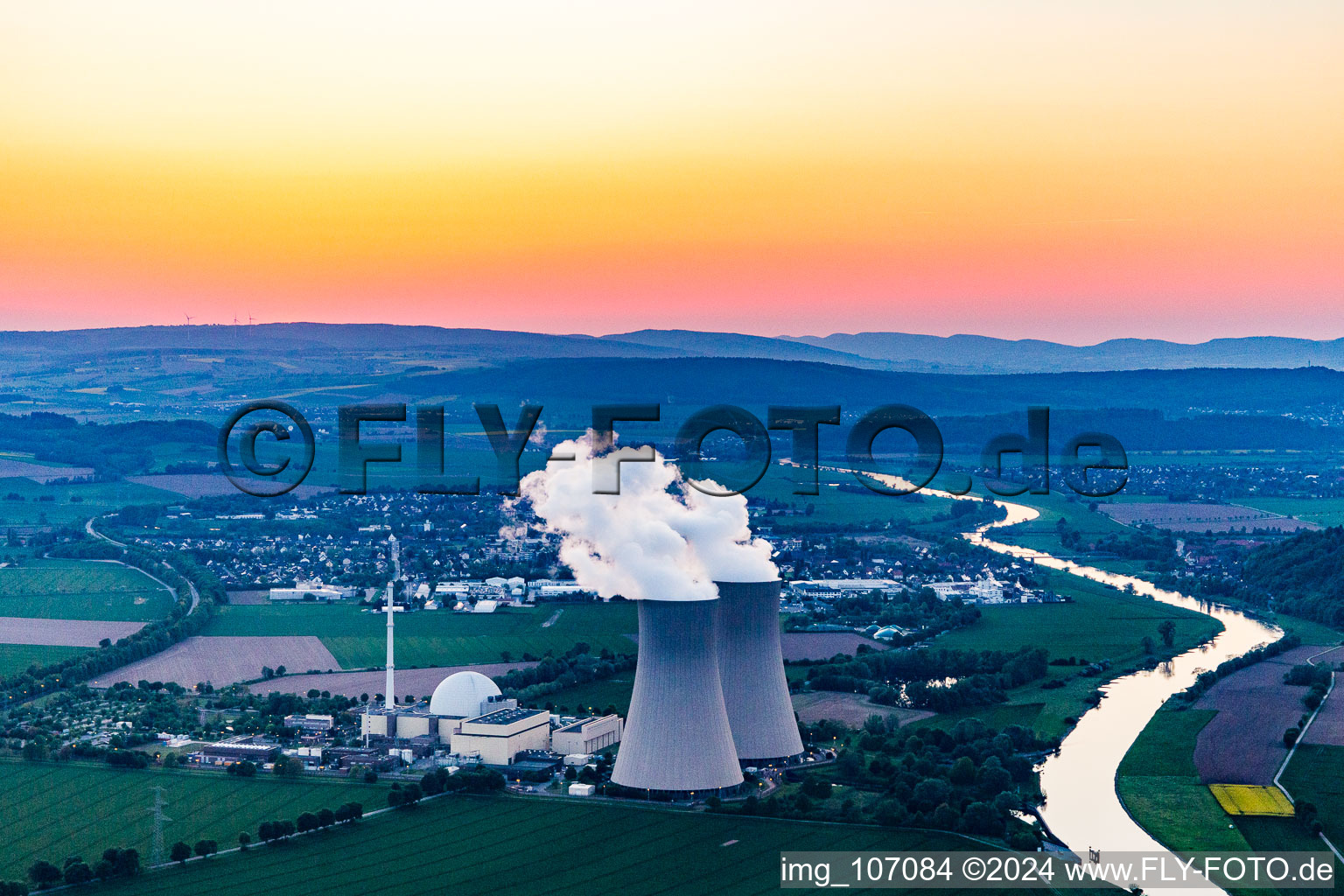 Nuclear power plant Grohnde at sunset in the district Grohnde in Emmerthal in the state Lower Saxony, Germany seen from above