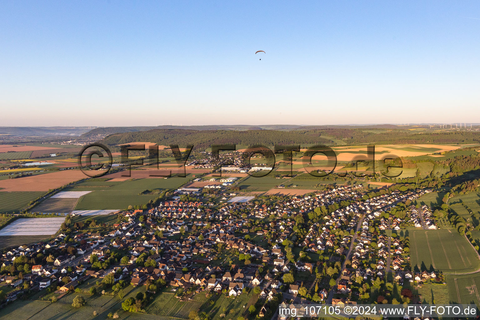 Village view on the edge of agricultural fields and land in Stahle in the state North Rhine-Westphalia, Germany