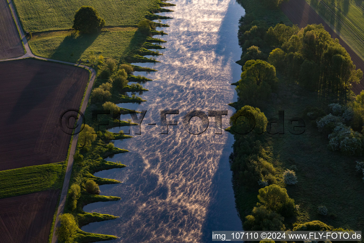 Aerial view of Groynes on the Weser in the district Stahle in Höxter in the state North Rhine-Westphalia, Germany