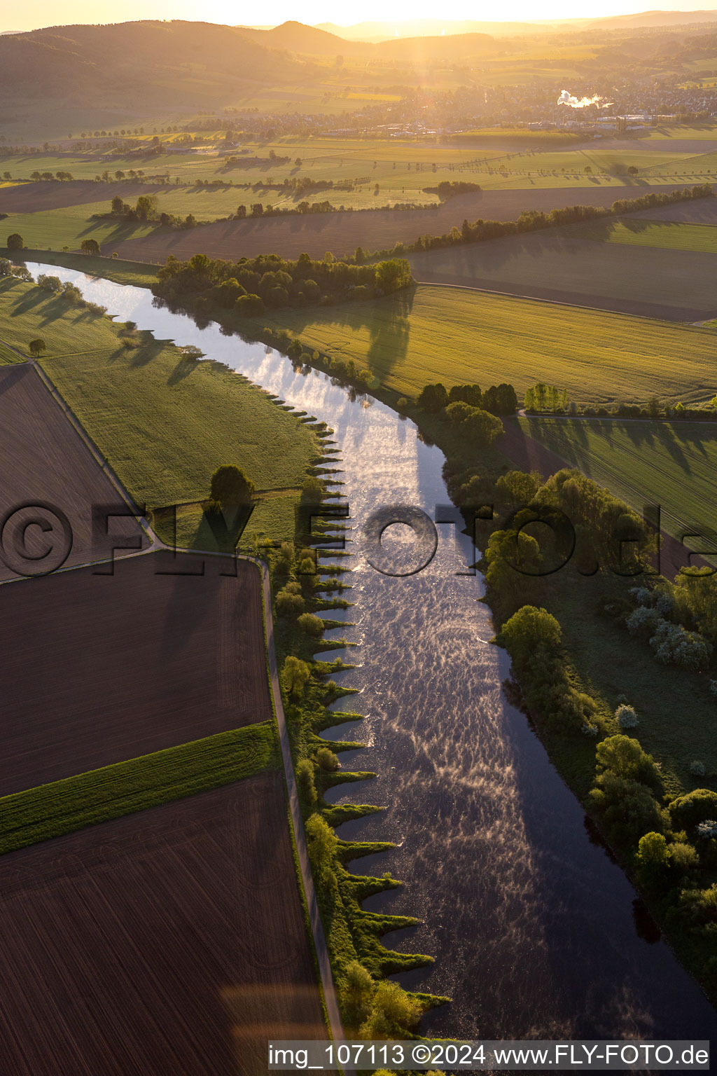 Oblique view of Groynes on the Weser in the district Stahle in Höxter in the state North Rhine-Westphalia, Germany