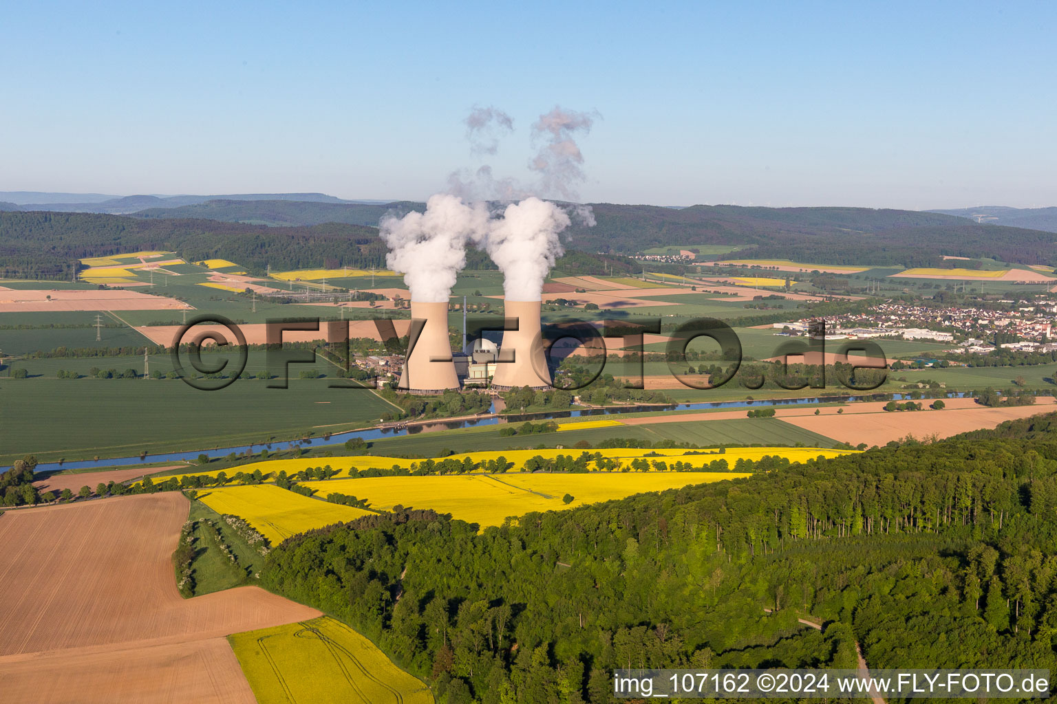 Cooling towers of nuclear power plant Grohnde from the east in the district Grohnde in Emmerthal in the state Lower Saxony, Germany