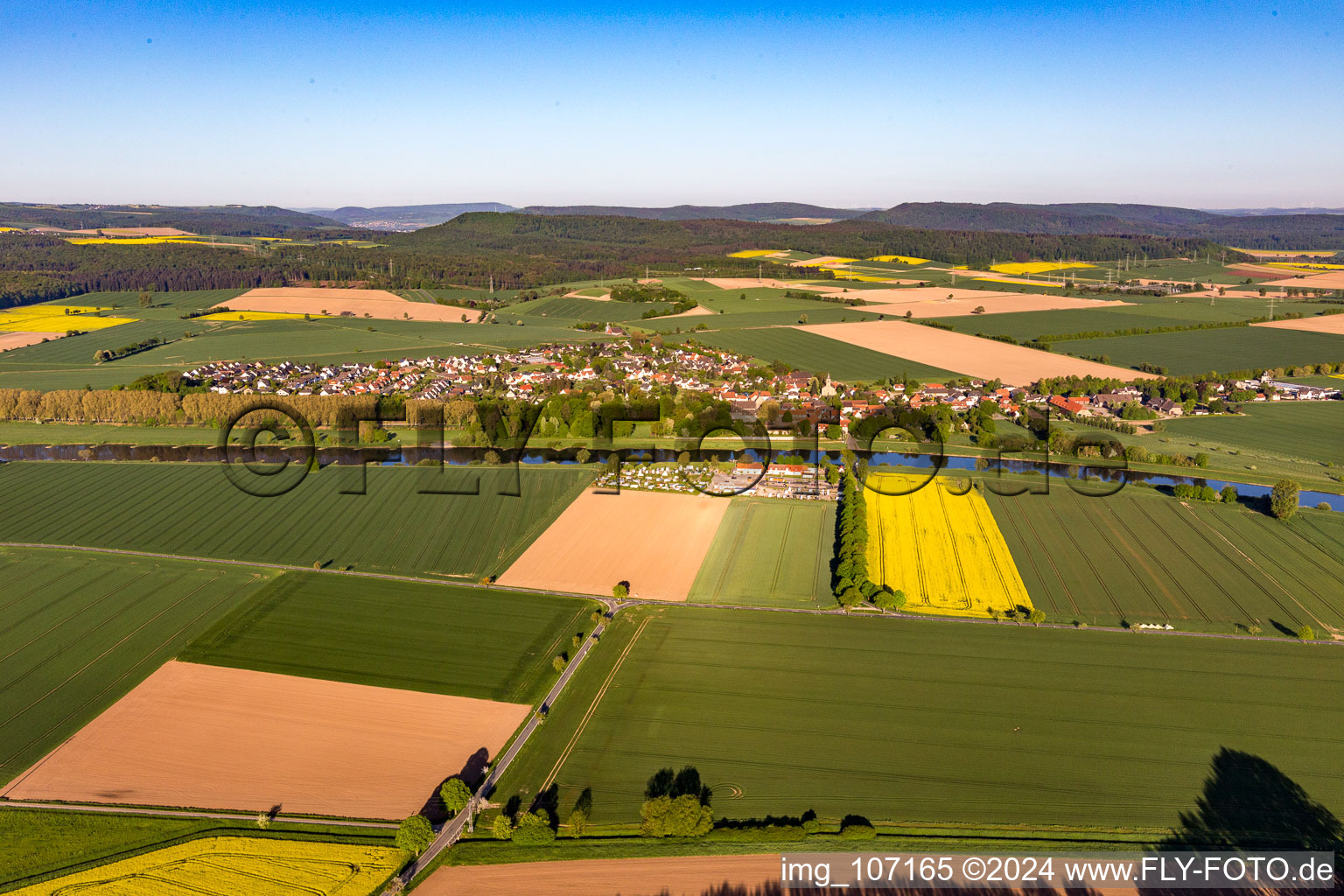 Aerial view of Place beyond the Weser from the east in the district Grohnde in Emmerthal in the state Lower Saxony, Germany