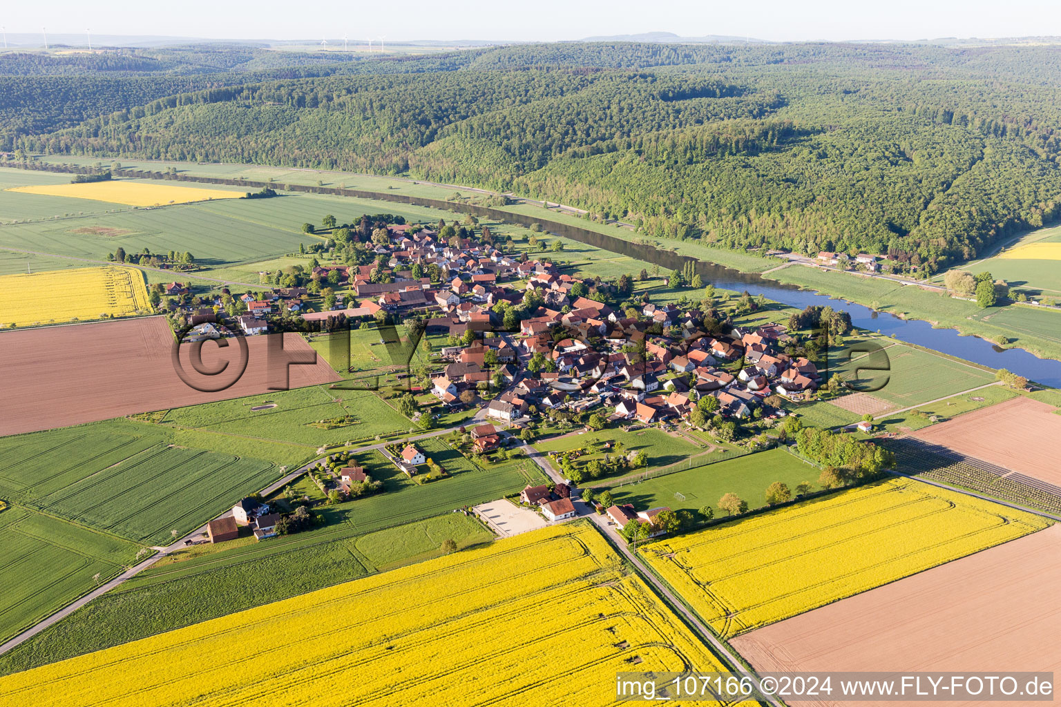 Village on the river bank areas of the Weser river in Emmerthal in the state Lower Saxony, Germany