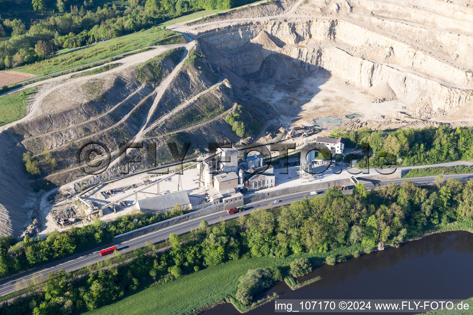 Aerial view of Quarry for the mining and handling of in Hehlen in the state Lower Saxony, Germany