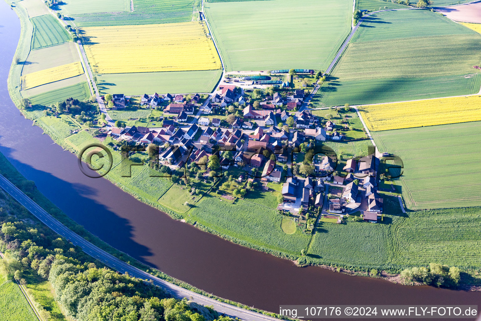 Village on the river bank areas of the Weser river in Doelme in the state Lower Saxony, Germany