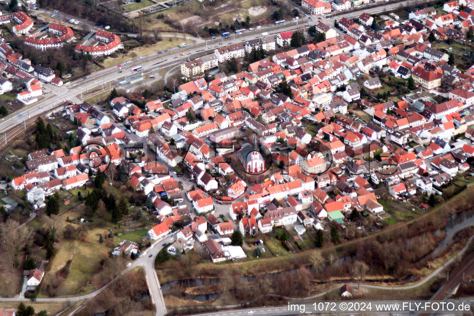 From the southwest in the district Knielingen in Karlsruhe in the state Baden-Wuerttemberg, Germany