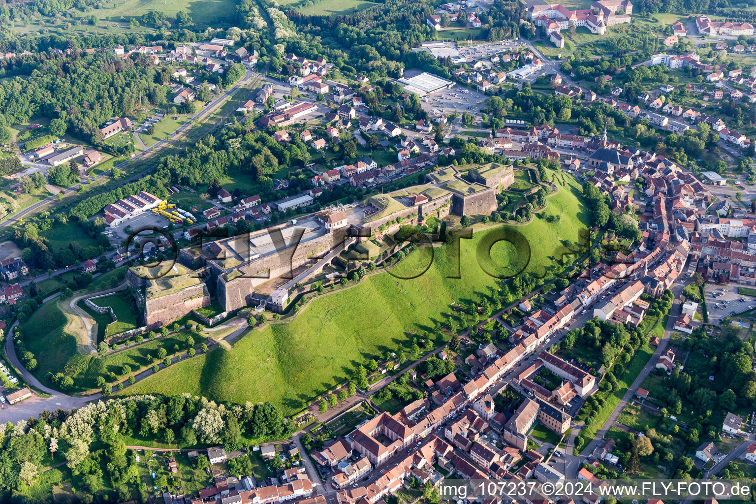 Aerial view of Fragments of the fortress citadelle of Bitsch in Bitche in Grand Est, France