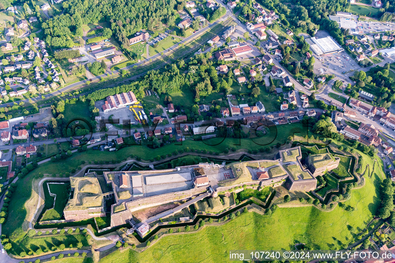 Aerial photograpy of Fragments of the fortress citadelle of Bitsch in Bitche in Grand Est, France